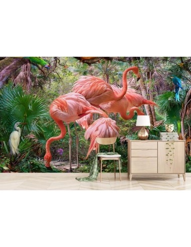 Papier Peint Panoramique Flamant Rose Tropical basket pas cher