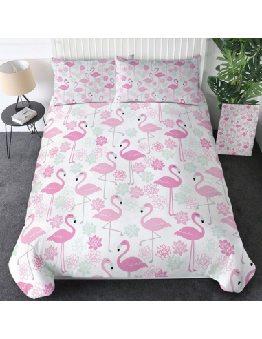 Housse de Couette Flamant Rose et Taies d'Oreillers plus qu'un jeu 